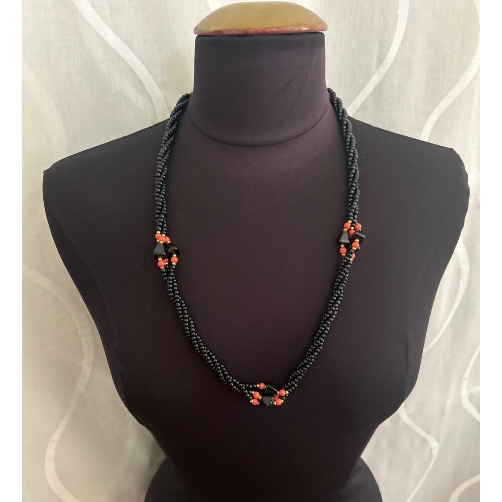 Vintage Handcrafted Black Onyx & Coral Beaded 28" Necklace